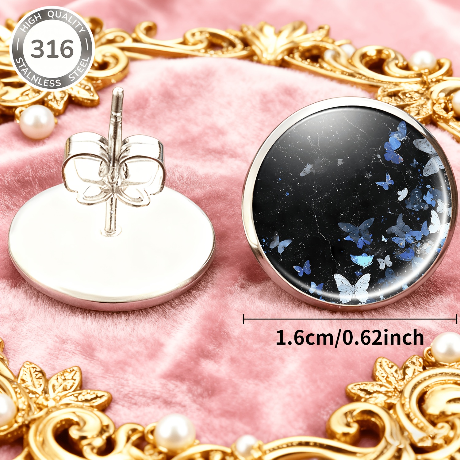 2-Pack Black Marble Butterfly Pattern Round Stud Earrings